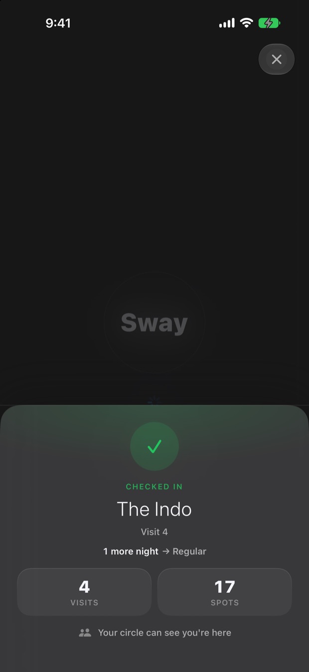 A Sway check-in confirmed, with the venue and the friends already there.