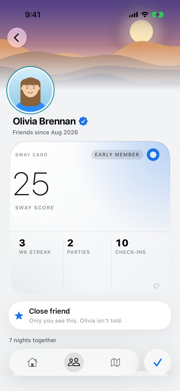 A Sway profile: the Sway Card with score, week streak, parties and check-ins.